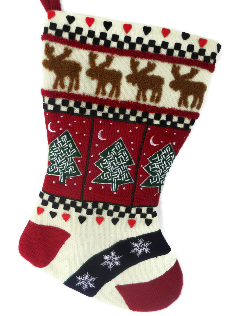 Christmas Thick Sweater Fabric Stocking Red Green Navy Snowflakes Moose Trees